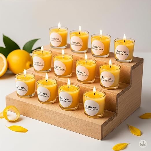 Candlewale Votive Candle Set of 12 – Glass Filled Candles with Natural Wax & Lead-Free Wicks | 10-Hour Burn Time | Clean Burning, Non-Toxic | Ideal for Home Décor, Events & Gifting (Lemon))