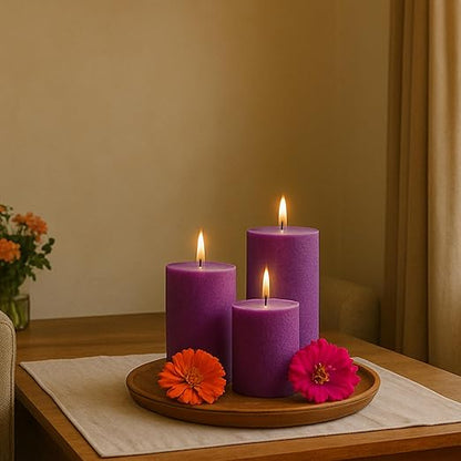 Pillar Candles – Set of 3 (2x6, 2x4, 2x2 in) | Smokeless & Dripless Wax Candles for Home & Event Decor (Purple, Unscented)