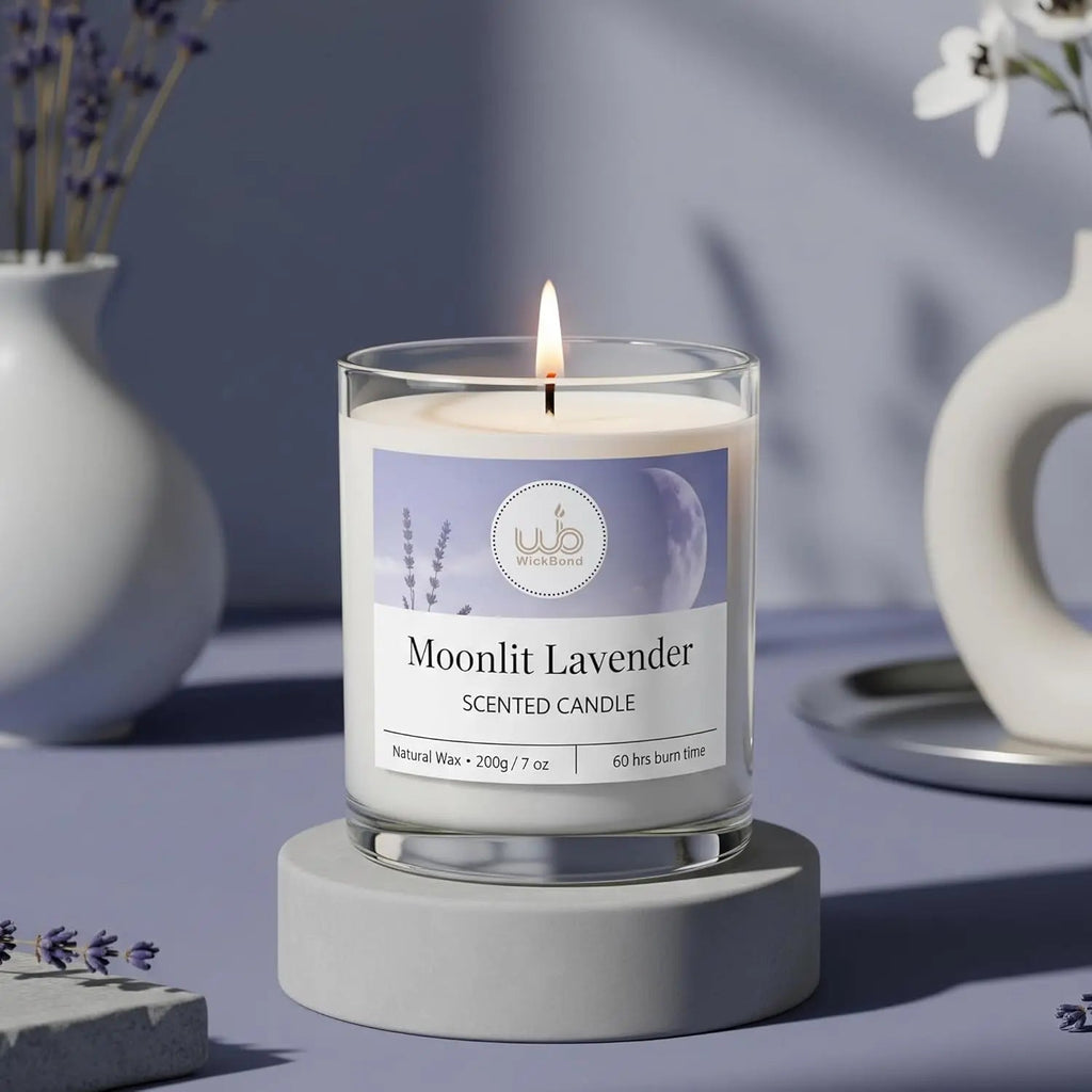 Duftkerze Moonlit Lavender im Glas mit brennender Flamme, Sojawachs 200 g