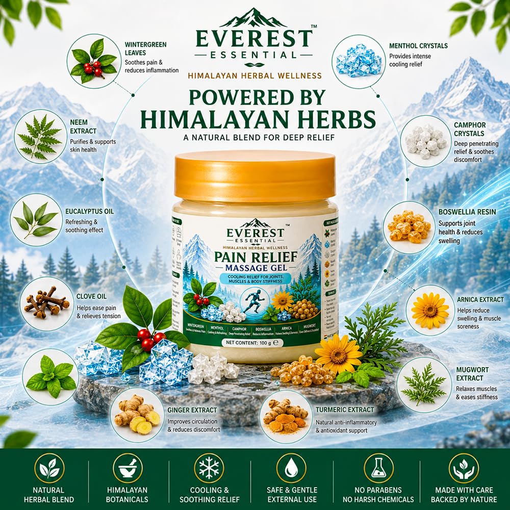Pain relief massage gel jar labeled “Powered by Himalayan Herbs” with orange lid