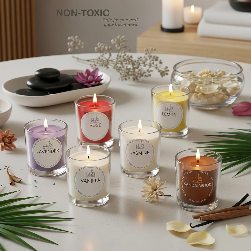 Votivkerzen im Glas mit Labels: Lavendel, Rose, Vanille, Jasmin, Sandelholz