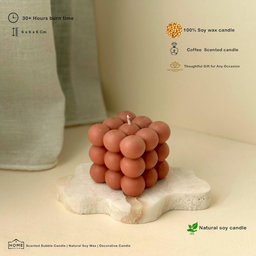 Coffee bubble soy wax cube candle with orange-brown wax balls; 30+ hours burn time