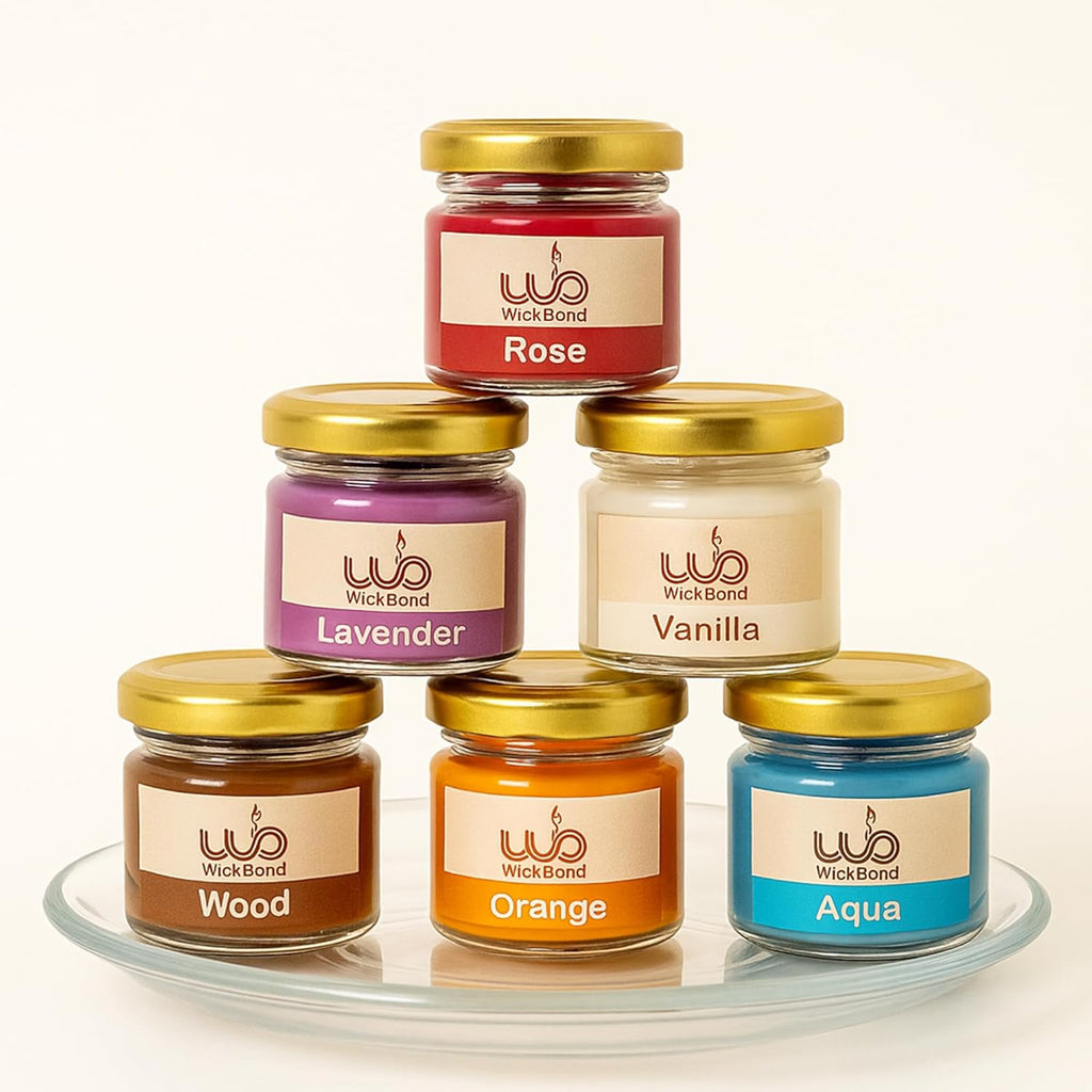 Mini candle gift set: Rose, Lavender, Vanilla, Wood, Orange, Aqua in glass jars