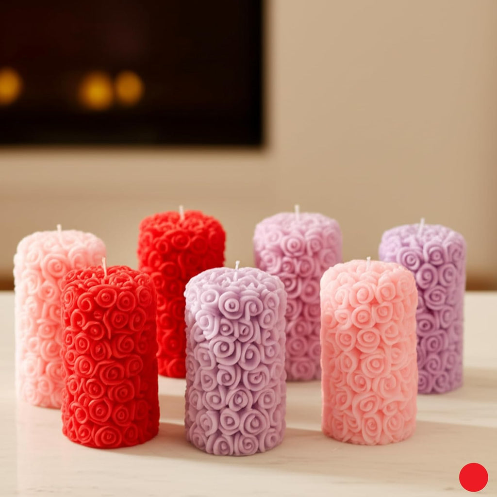 Assorted rose pillar candles set of 2+ with carved rose swirl design in multiple colors