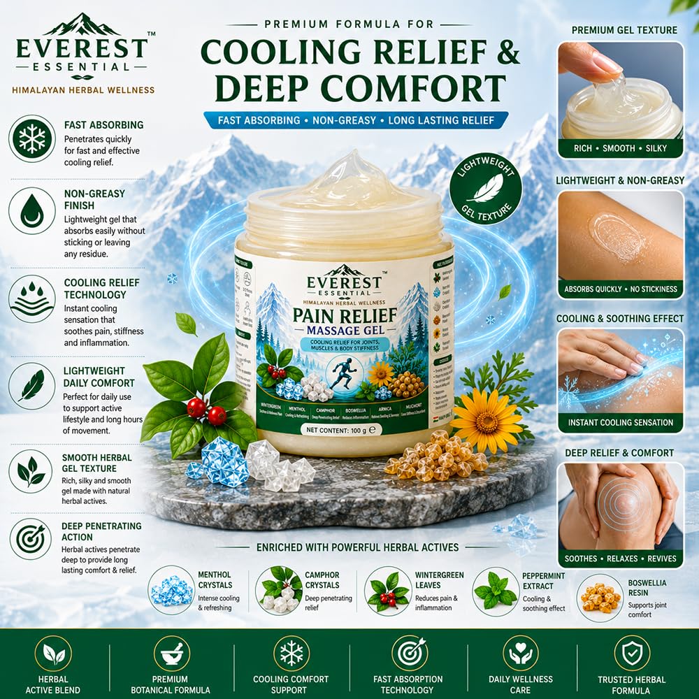 Pain relief massage gel jar with cooling comfort claims and gel texture callout