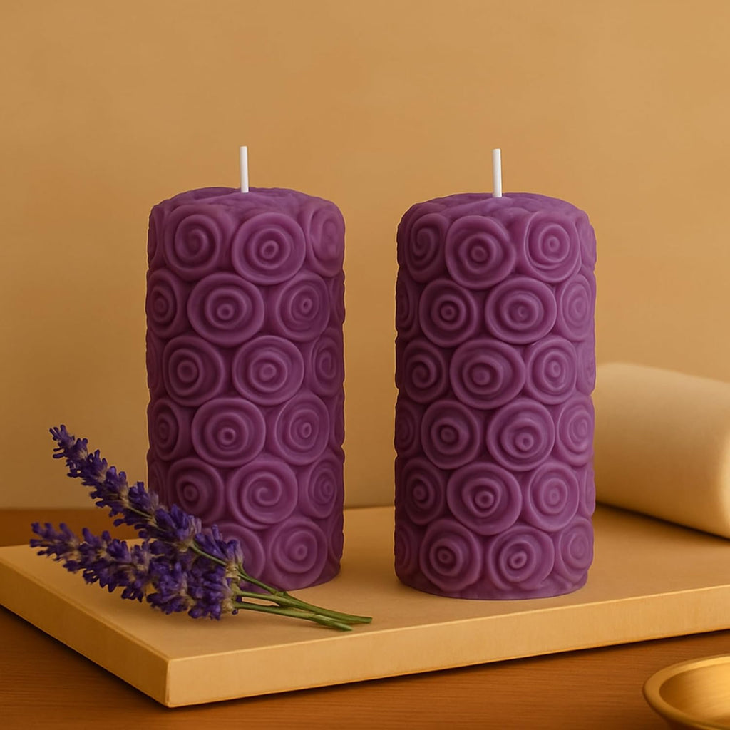 Lavender rose pillar candles, decorative scented set of 2 with raised rose swirl pattern