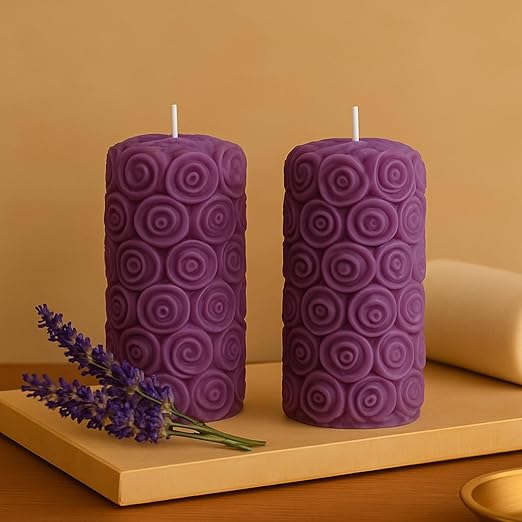 Candlewale Lavender Pillar Scented Candles – Set of 2 Red Decorative Wax Candles for Home Décor & Gifting | Long-Lasting Floral Aroma | Romantic Ambience for Living Room & Bedroom (Lavender)