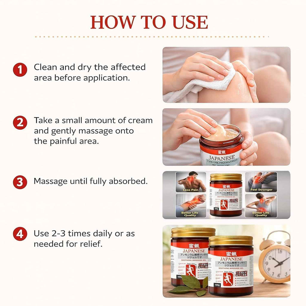 Massage gel jar being rubbed onto knee area, Japanese Soothing, 100g