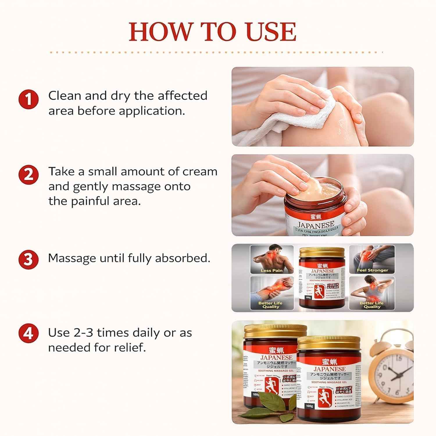 Massage gel jar being rubbed onto knee area, Japanese Soothing, 100g