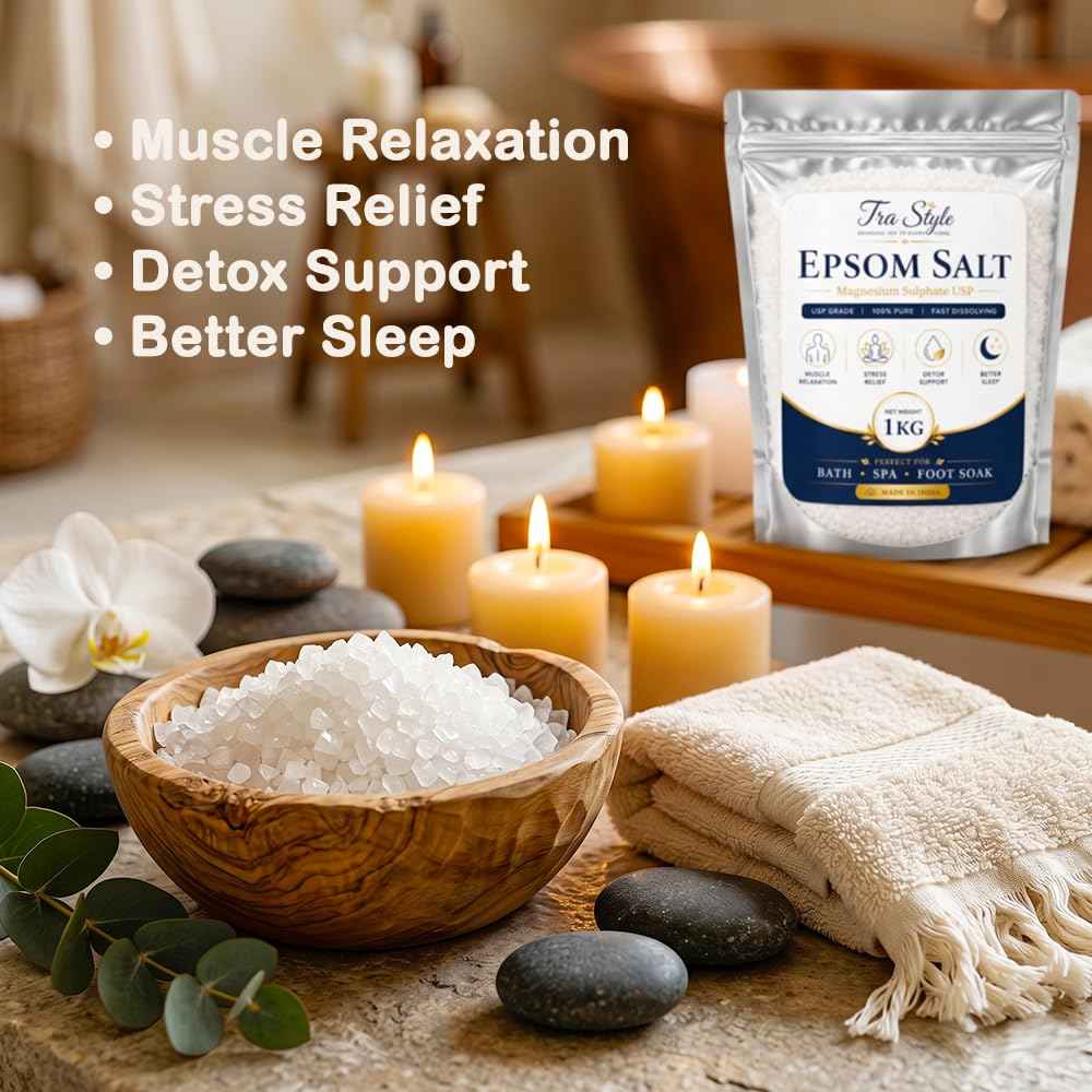 Epsom Salt 1 kg pouch beside a bowl of white crystals for relaxing bath or foot soak