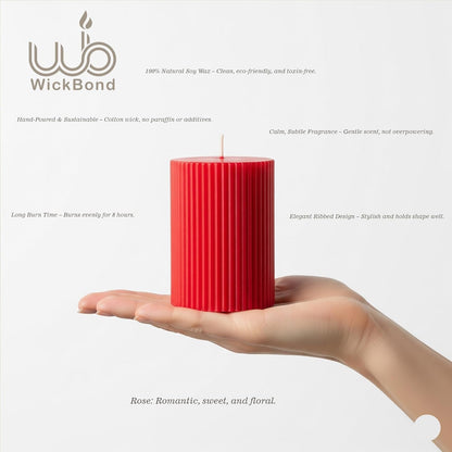 Candlewale Soy Wax Ribbed Pillar Candle Set of 3 – 2x3 Scented Candles for Home Decor, Spa, Diwali, Wedding, Valentine & X-Mass (Rose)