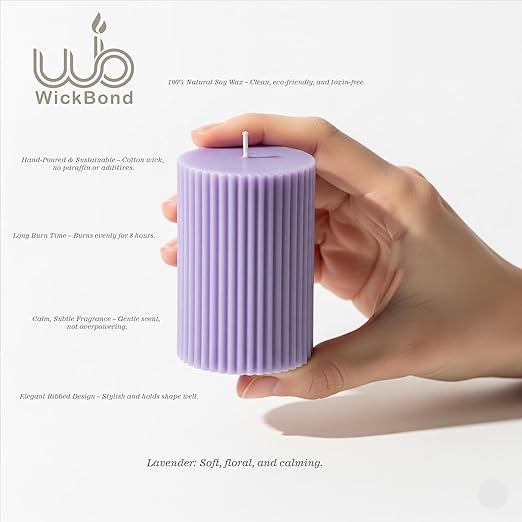 Candlewale Soy Wax Ribbed Pillar Candle Set of 3 – 2x3 Scented Candles for Home Decor, Spa, Diwali, Wedding, Valentine & X-Mass (Lavender)