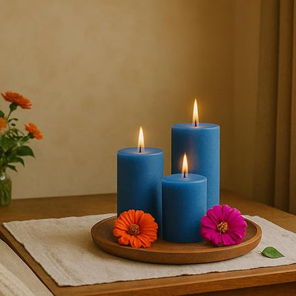 Pillar Candles – Set of 3 (2x6, 2x4, 2x2 in) | Smokeless & Dripless Wax Candles for Home & Event Decor (Blue, Unscented)