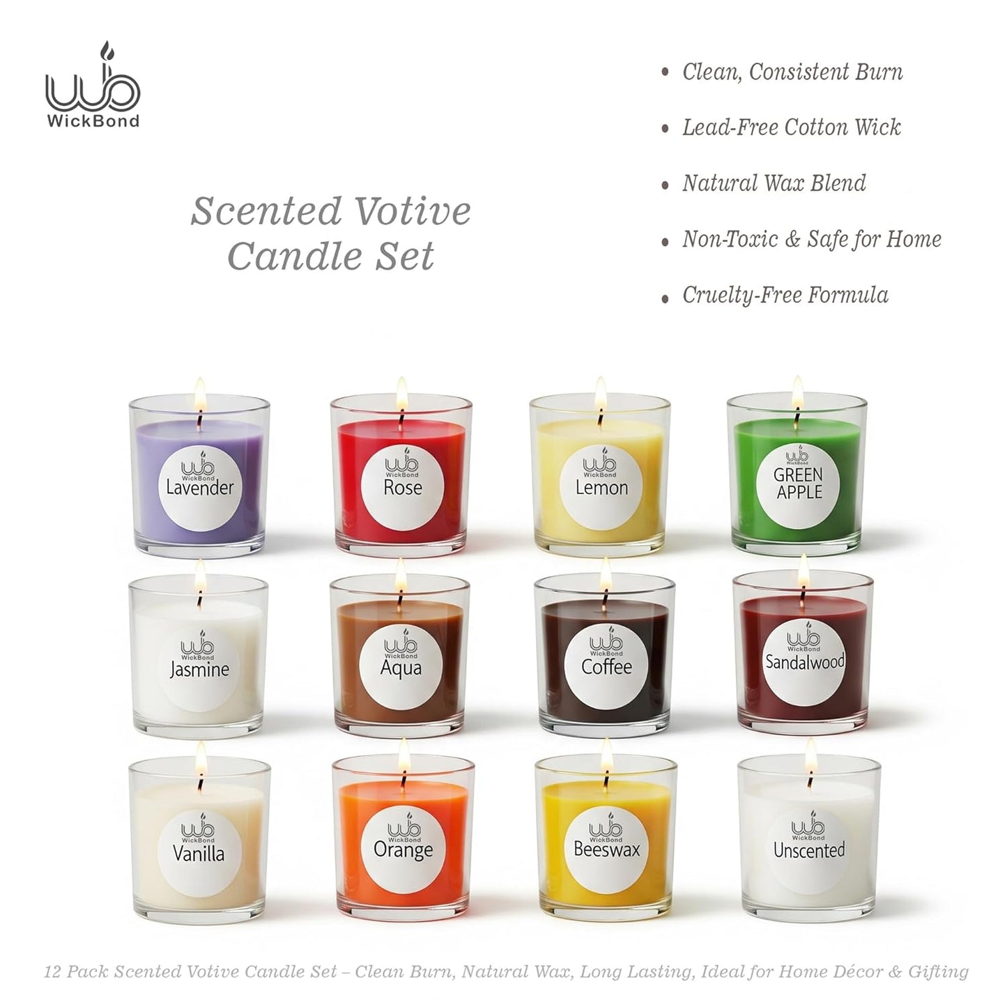 Candlewale Votive Candle Set of 12 – Glass Filled Candles with Natural Wax & Lead-Free Wicks | 10-Hour Burn Time | Clean Burning, Non-Toxic | Ideal for Home Décor, Events & Gifting (Beeswax))