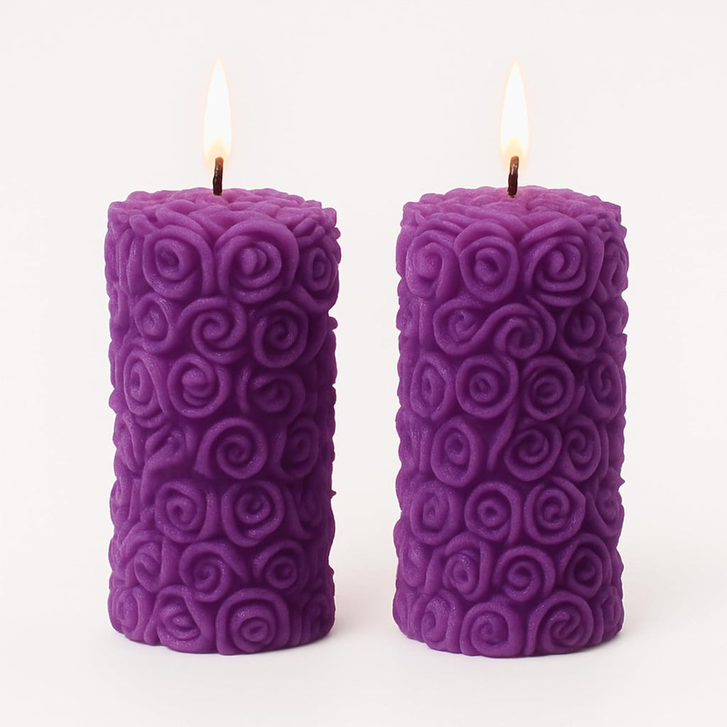 Lavender rose pillar candles, scented decorative set of 2 with lit wicks and rose embossing