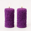 Lavender rose pillar candles, scented decorative set of 2 with lit wicks and rose embossing