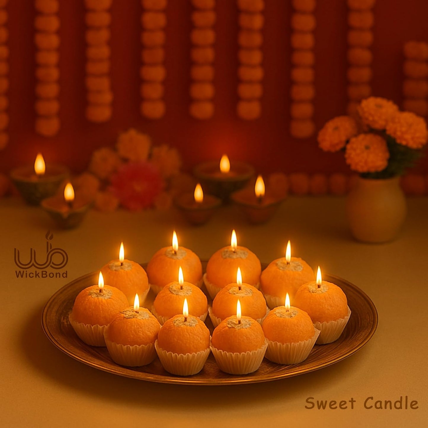 Candlewale Motichoor Ladoo Scented Candle | Handcrafted Soy Wax Sweet Aroma Candle for Diwali, Pooja, Gifting & Home Décor | Realistic Mithai Look | Set of 12