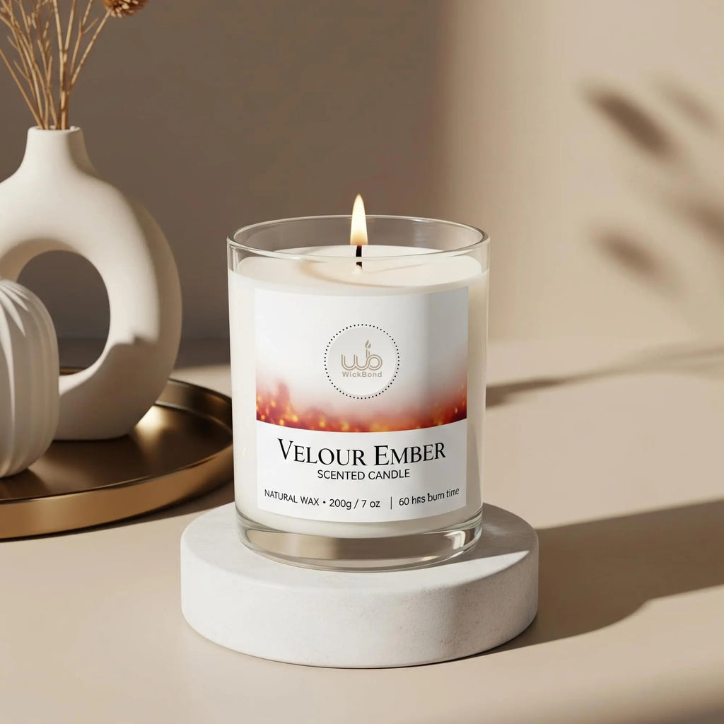 Velour Ember Duftkerze im Glas mit brennender Flamme, Sojawachs 200 g