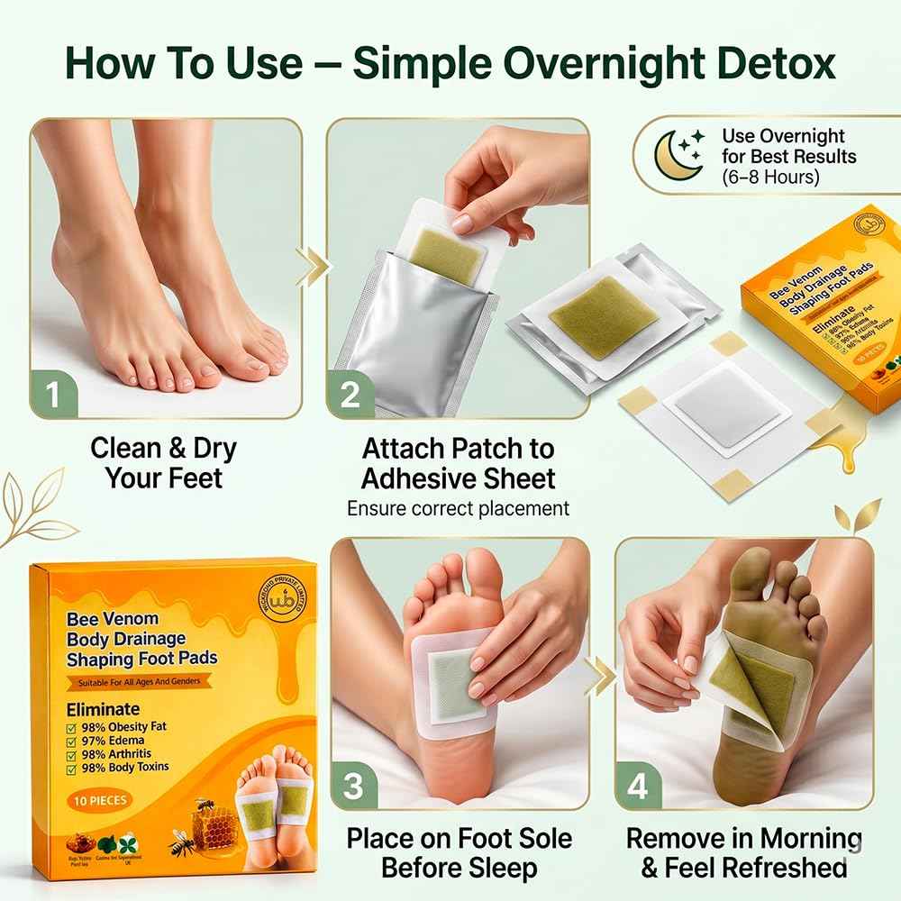 How to use overnight detox: foot pads placed on soles with package and patch sheets