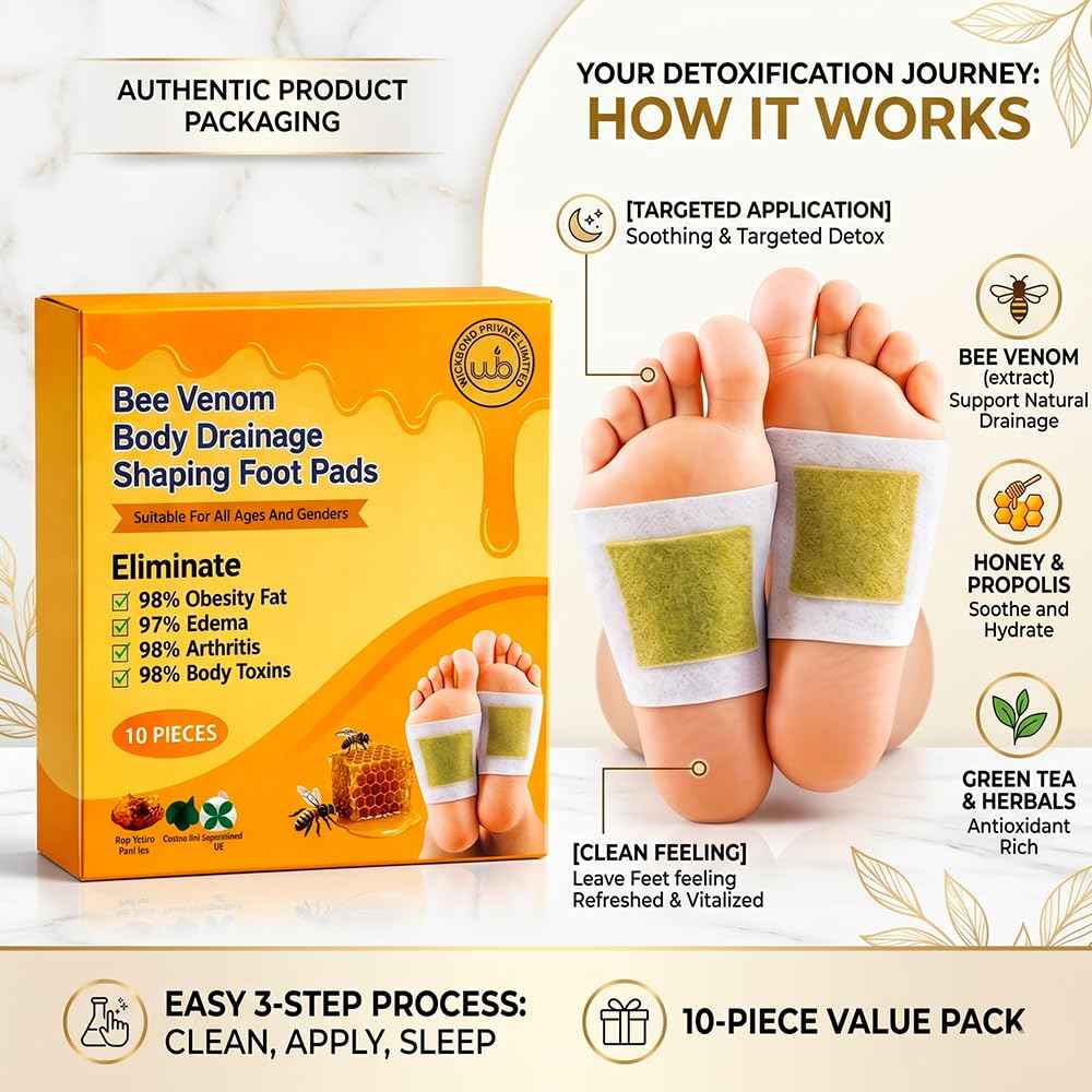 Bee Venom body drainage shaping foot pads packaging with two used foot patch squares