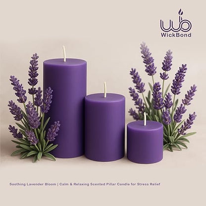 Pillar Candles – Set of 3 (2x6, 2x4, 2x2 in) | Smokeless & Dripless Wax Candles for Home & Event Decor (Purple, Unscented)
