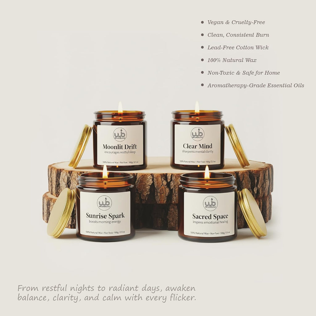 Candlewale aromatherapy gift set: 4 lit soy candles with lids—Moonlit Drift, Clear Mind, Sunrise Spark