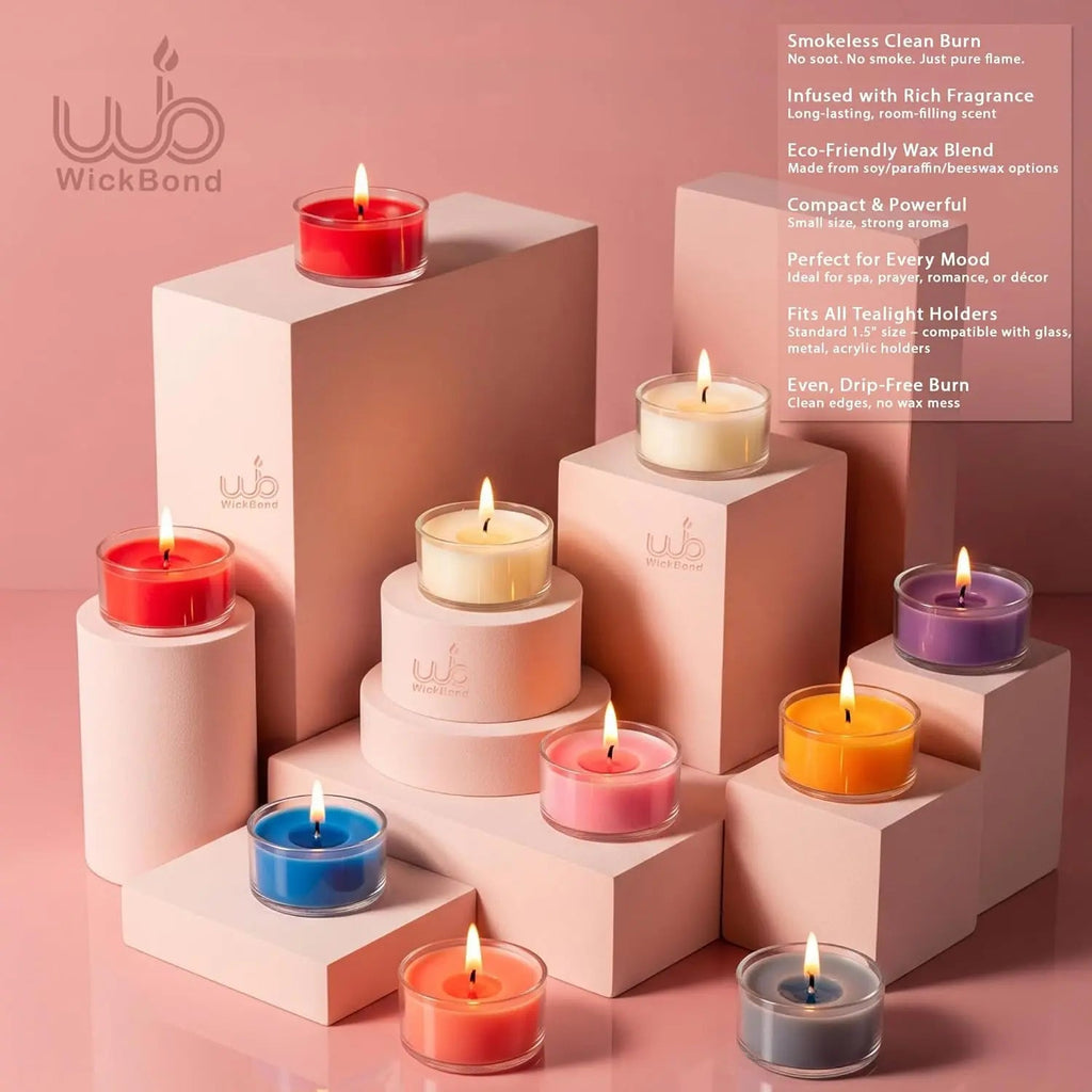 Smokeless scented tea light candle set with varied colors, small tea lights in trays