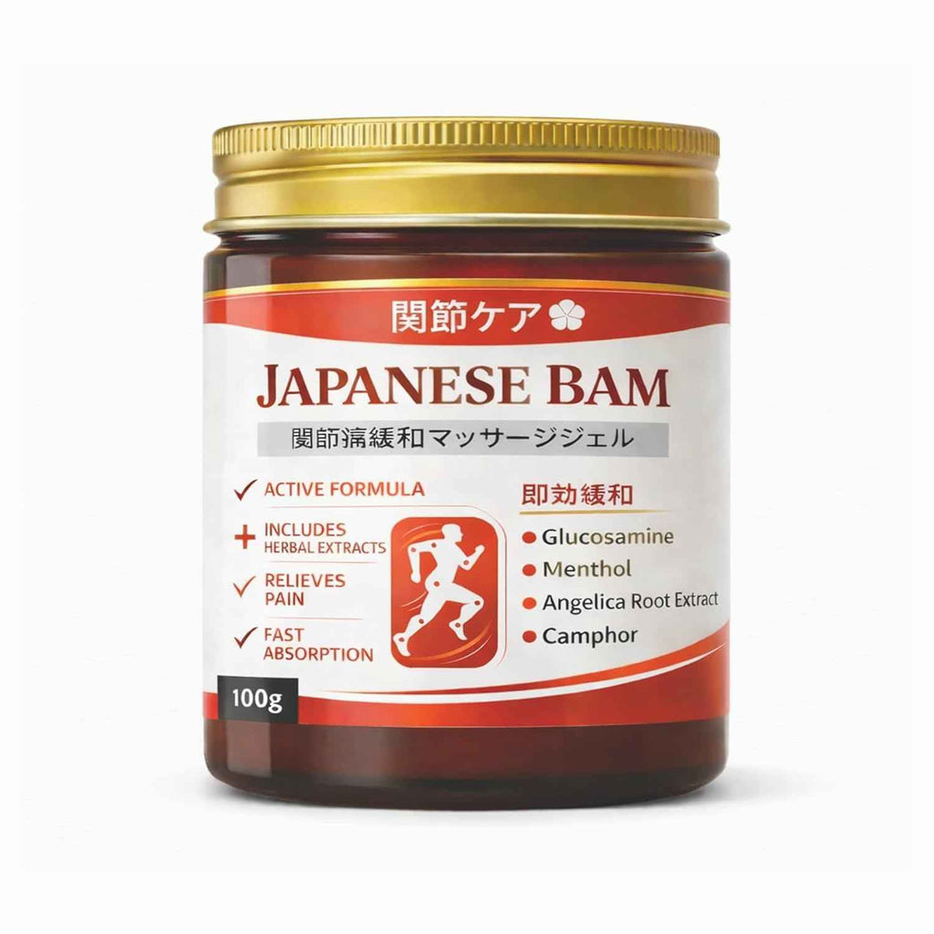 Japanese BAM massage gel jar with gold lid and red label, 100g