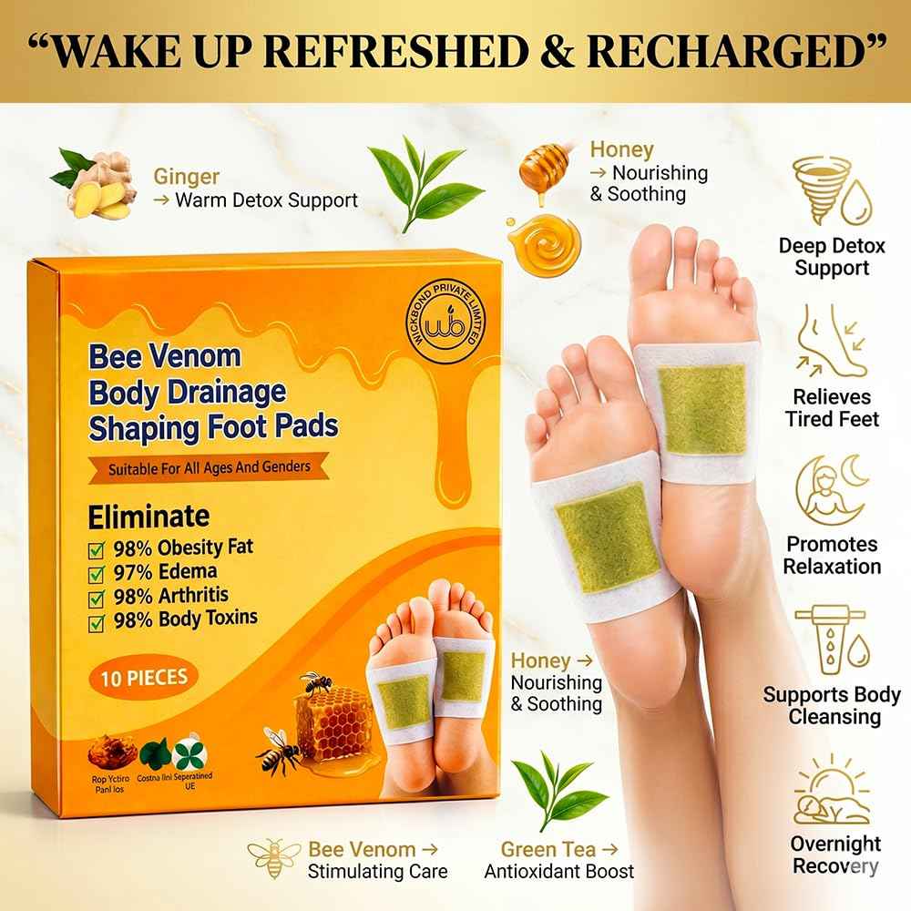Bee Venom foot pads box with honey, ginger and green tea shown beside foot patches