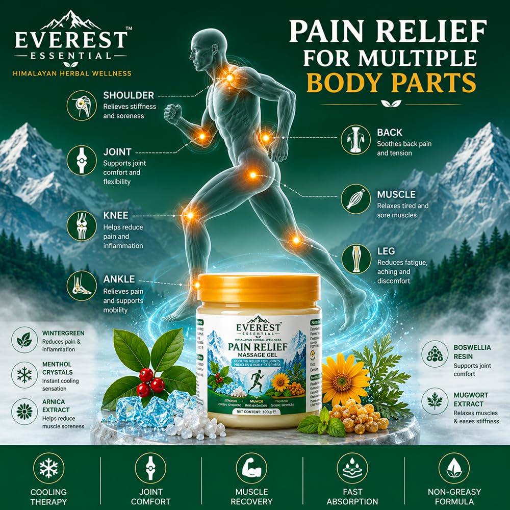 Pain relief massage gel jar showing body-part benefits text, orange lid, 100 g