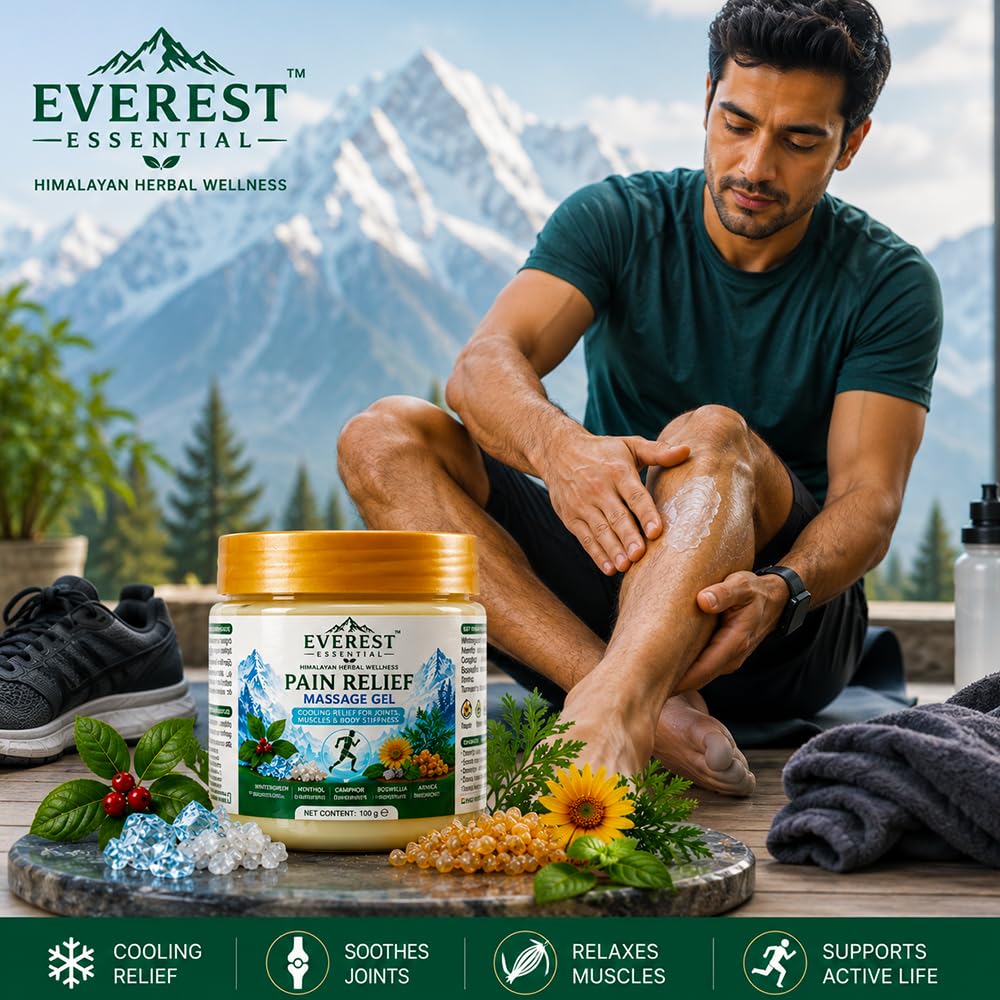 Man massaging knee with pain relief gel; Everest Essential jar on nearby stone tray