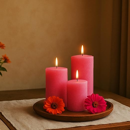 Pillar Candles – Set of 3 (2x6, 2x4, 2x2 in) | Smokeless & Dripless Wax Candles for Home & Event Decor (Pink, Unscented)