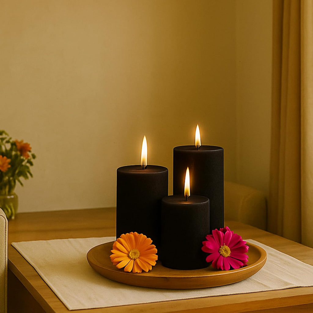 Black pillar candles on a round tray, three flames visible
