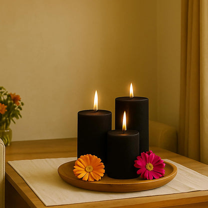 Pillar Candles – Set of 3 (2x6, 2x4, 2x2 in) | Smokeless & Dripless Wax Candles for Home & Event Decor (Black, Unscented)