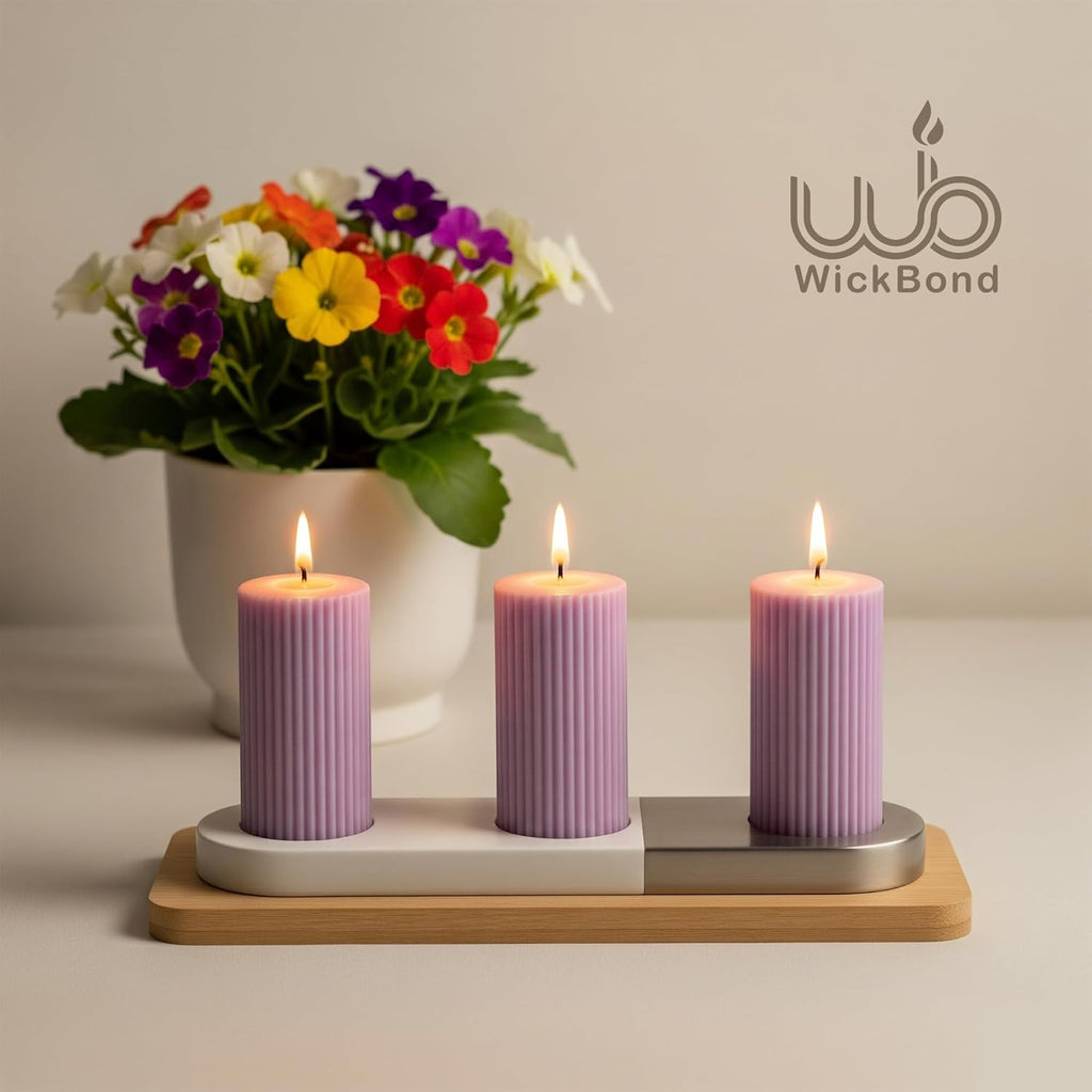 Lavender ribbed soy pillar candles set of 3 on tray, flames lit