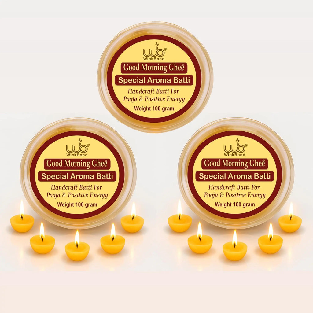 Three ghee batti tins and lit yellow diyas, Good Morning Ghee Special Aroma label