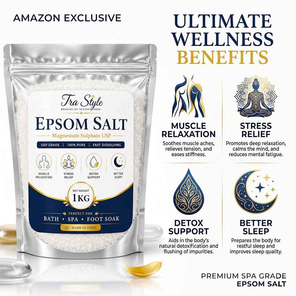 Epsom Salt magnesium sulphate USP, 1 kg pouch for bath, spa, and foot soak