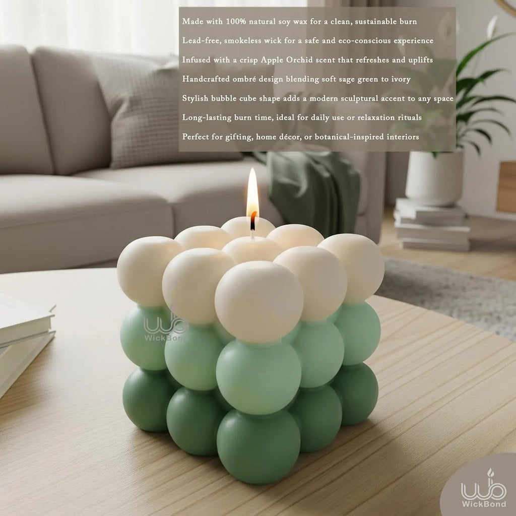 Ombre bubble cube candle: ivory top bubbles over green bubbles, single upright wick
