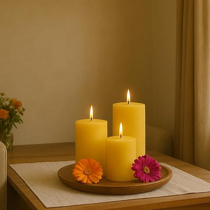Pillar Candles – Set of 3 (2x6, 2x4, 2x2 in) | Smokeless & Dripless Wax Candles for Home & Event Decor (Yellow, Unscented)