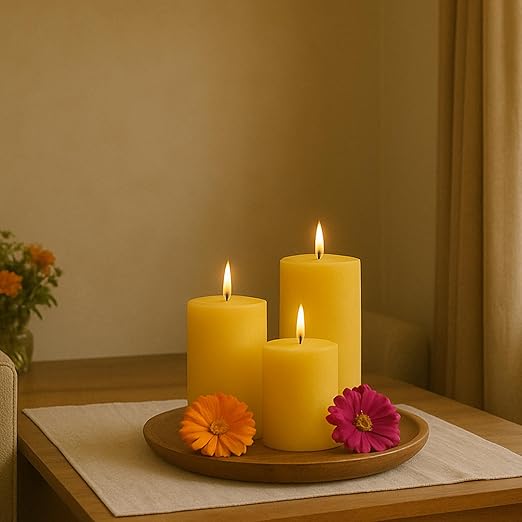 Pillar Candles – Set of 3 (2x6, 2x4, 2x2 in) | Smokeless & Dripless Wax Candles for Home & Event Decor (Yellow, Unscented)