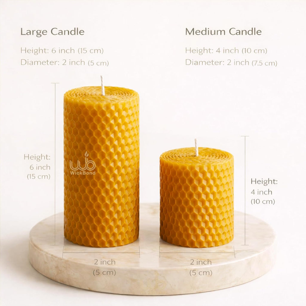 Large and medium honeycomb beeswax pillar candles, 6 in and 4 in heights