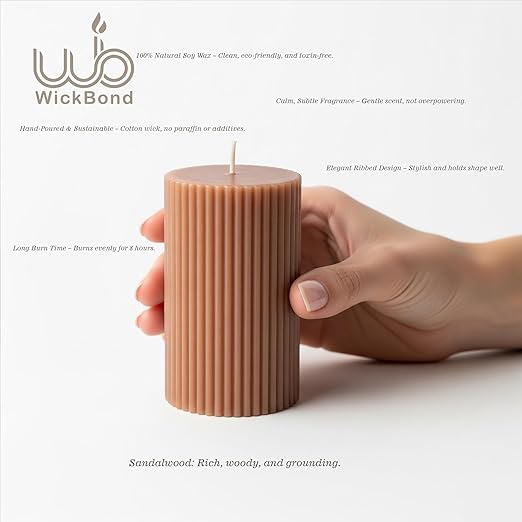 Candlewale Soy Wax Ribbed Pillar Candle Set of 3 – 2x3 Scented Candles for Home Decor, Spa, Diwali, Wedding, Valentine & X-Mass (Sandalwood)