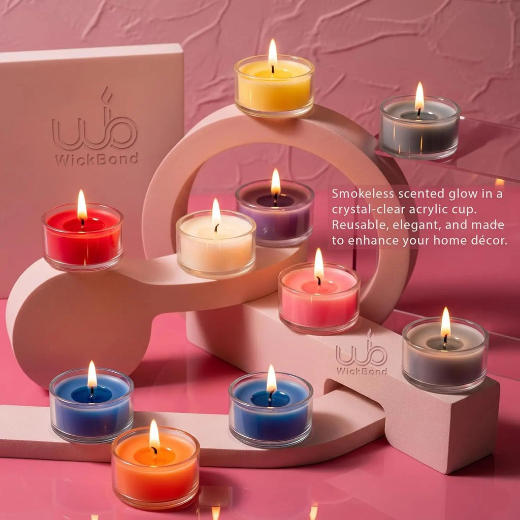 Scented smokeless tealight candles in clear cups, mixed colors with flames
