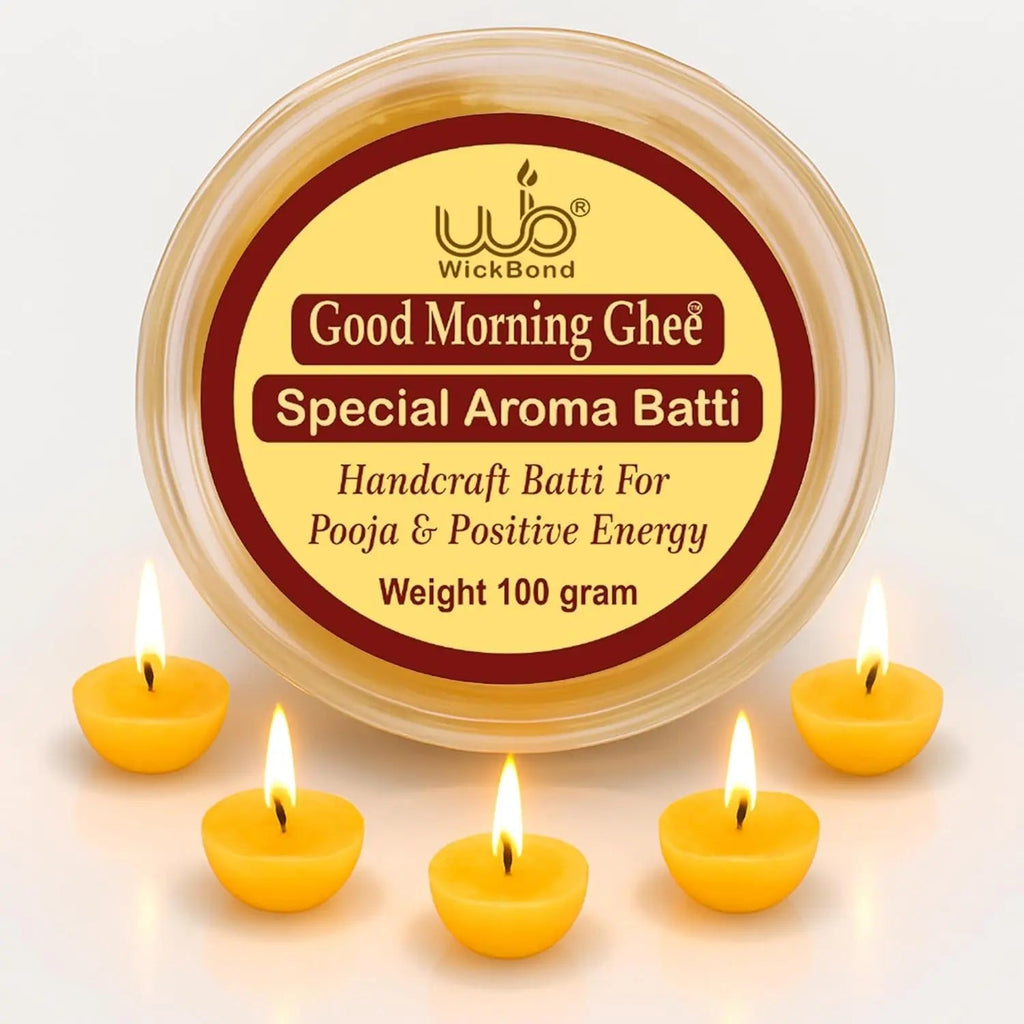Good Morning Ghee Special Aroma Batti pack with cotton wicks and 6 lit tea lights