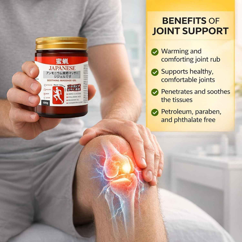 Japanese Soothing Massage Gel jar held in hand, 100g, beside knee area