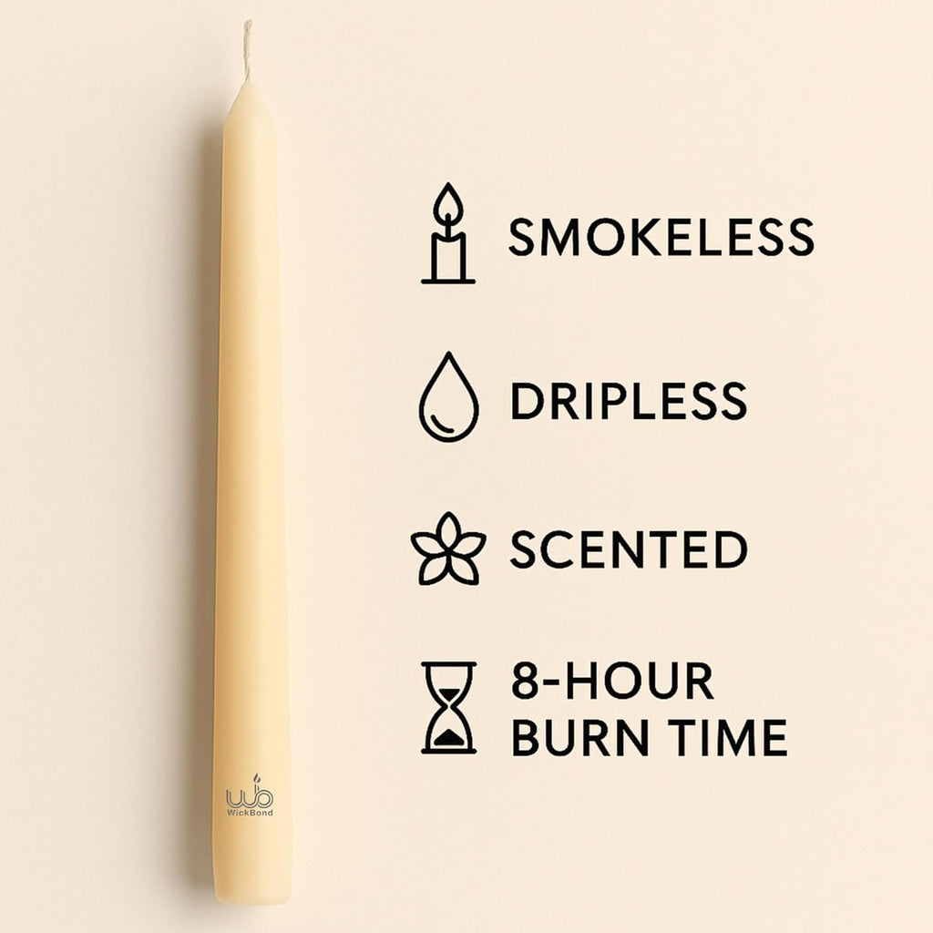 Cream smokeless dripless scented taper candle with flame and wick