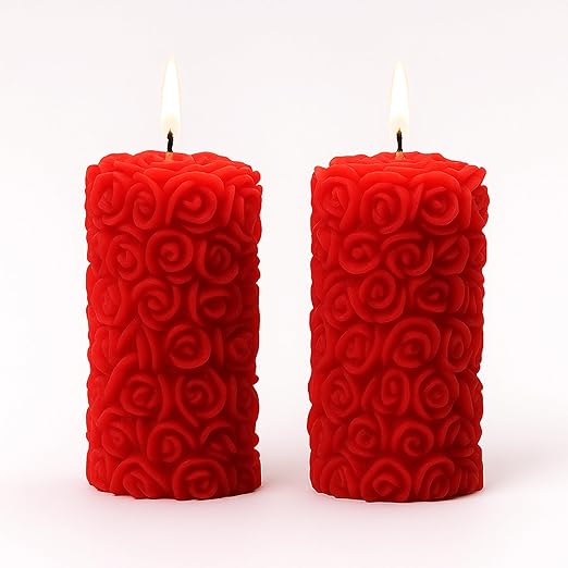 Candlewale Rose Pillar Scented Candles – Set of 2 Red Decorative Wax Candles for Home Décor & Gifting | Long-Lasting Floral Aroma | Romantic Ambience for Living Room & Bedroom (Rose)