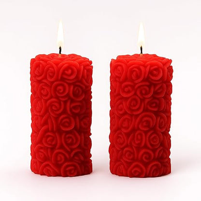 Candlewale Rose Pillar Scented Candles – Set of 2 Red Decorative Wax Candles for Home Décor & Gifting | Long-Lasting Floral Aroma | Romantic Ambience for Living Room & Bedroom (Rose)