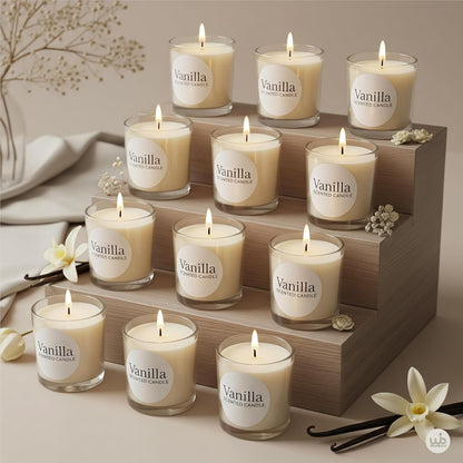 Candlewale Votive Candle Set of 12 – Glass Filled Candles with Natural Wax & Lead-Free Wicks | 10-Hour Burn Time | Clean Burning, Non-Toxic | Ideal for Home Décor, Events & Gifting (Vanilla)