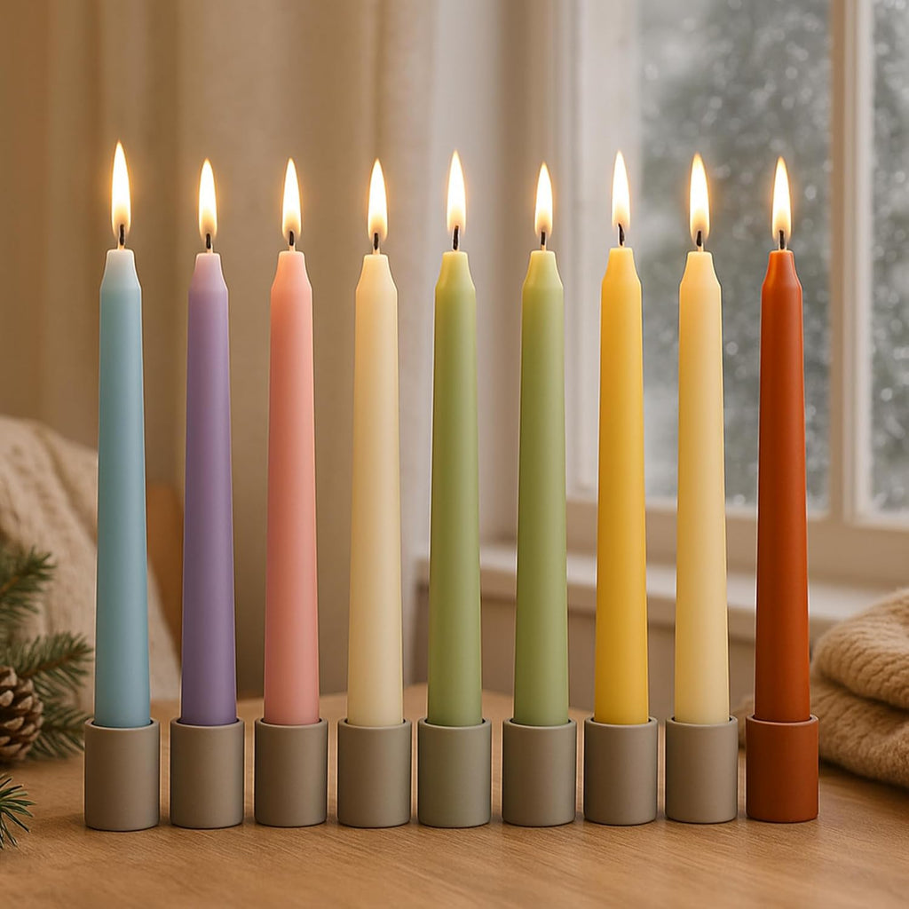 Multi-color dripless taper candles with flames in blue, purple, pink, ivory, green, yellow, orange